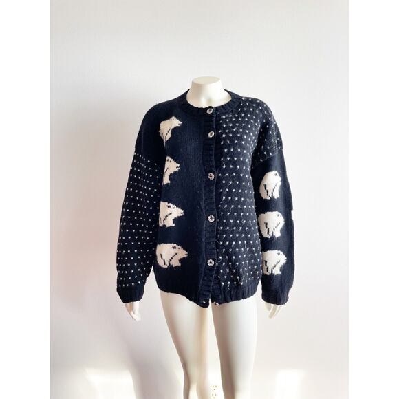 Nomadic Traders Black White Bear Wool Button Down Sweater Made in Peru Medium - Picture 1 of 9